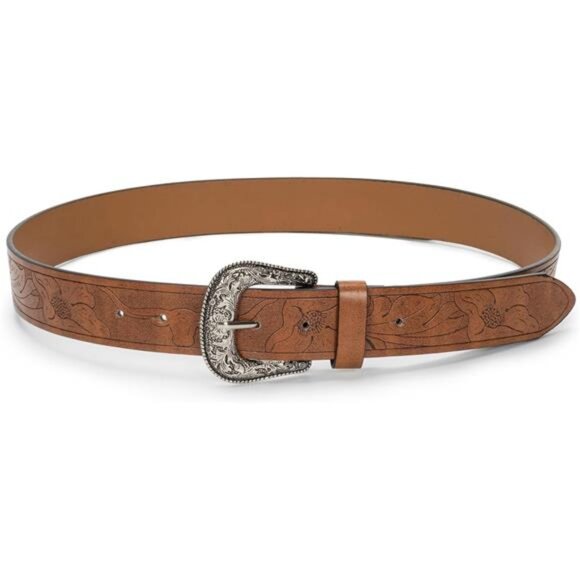 Western Leather Belts Oval Buckle Brown - Picture 2 of 3